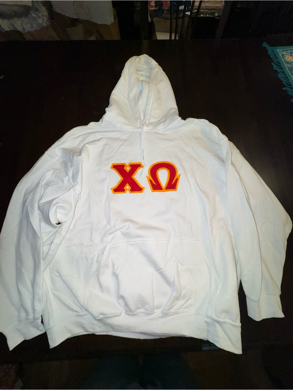 Chi Omega White Hoodie Sweatshirt with Red & Gold Greek Letters